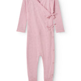 Pink baby jumpsuit with front snap closure and a ruffle detail at the neckline.