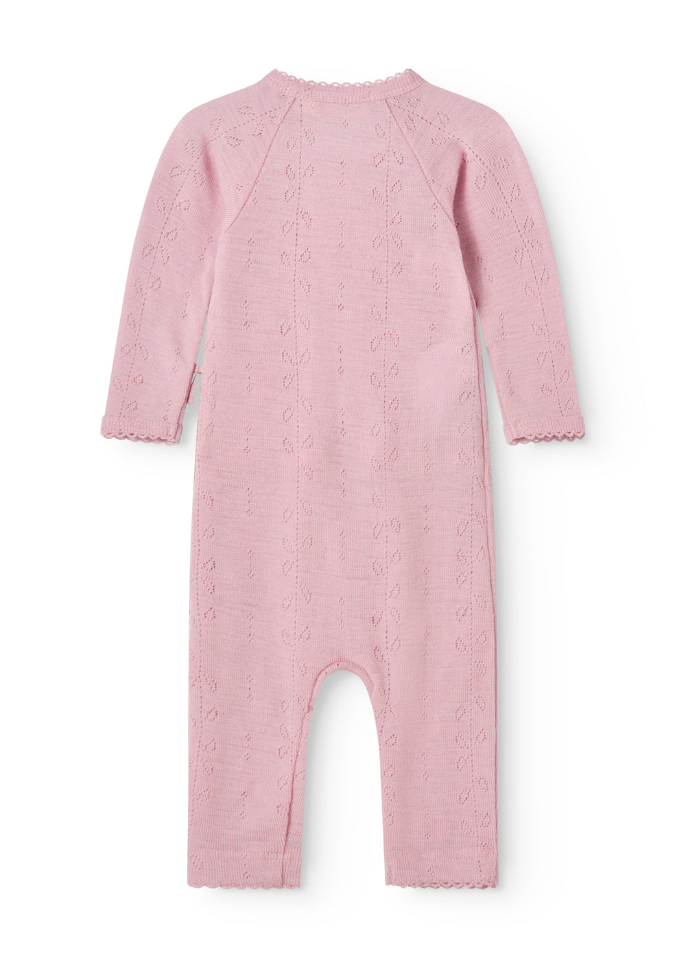 Pink baby jumpsuit with long sleeves and round neckline, solid color on the back.