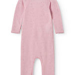 Pink baby jumpsuit with long sleeves and round neckline, solid color on the back.