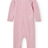 Pink baby jumpsuit with long sleeves and round neckline, solid color on the back.
