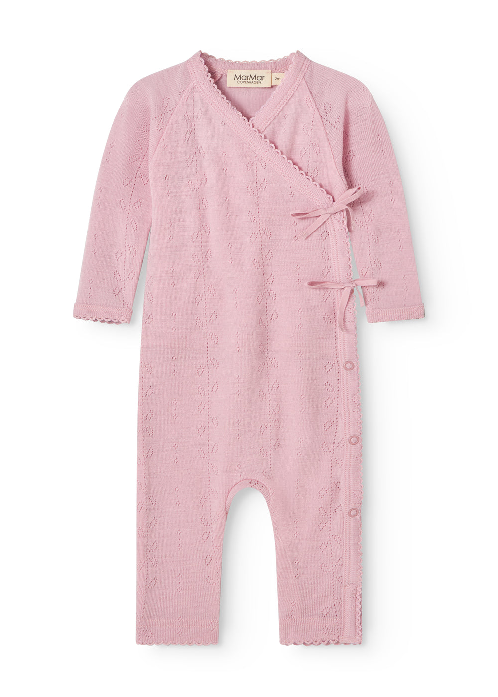Pink baby jumpsuit with long sleeves, front knot-tie, and cross neckline.