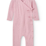 Pink baby jumpsuit with long sleeves, front knot-tie, and cross neckline.