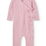 Pink baby jumpsuit with long sleeves, front knot-tie, and cross neckline.