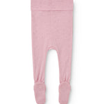 Kids' trousers in soft berry-pink with ribbed edges and patterned stripes at the ankles.