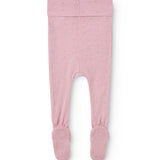 Kids' trousers in soft berry-pink with ribbed edges and patterned stripes at the ankles.