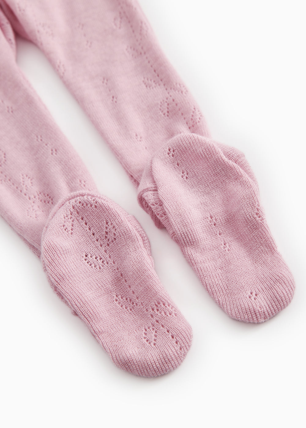 Soft berry-pink leggings with ribbed cuffs and a fine lace pattern.
