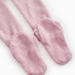 Soft berry-pink leggings with ribbed cuffs and a fine lace pattern.