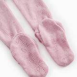 Soft berry-pink leggings with ribbed cuffs and a fine lace pattern.