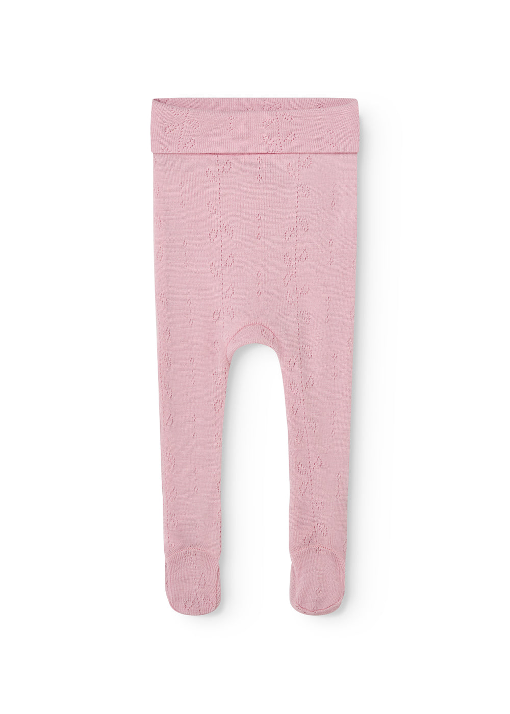 Kids' pants in soft berry pink with ribbed cuffs at the ankles and a hollow-patterned knit.