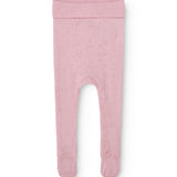 Kids' pants in soft berry pink with ribbed cuffs at the ankles and a hollow-patterned knit.