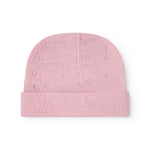Aiko pink striped hat with solid top and patterned cuff.