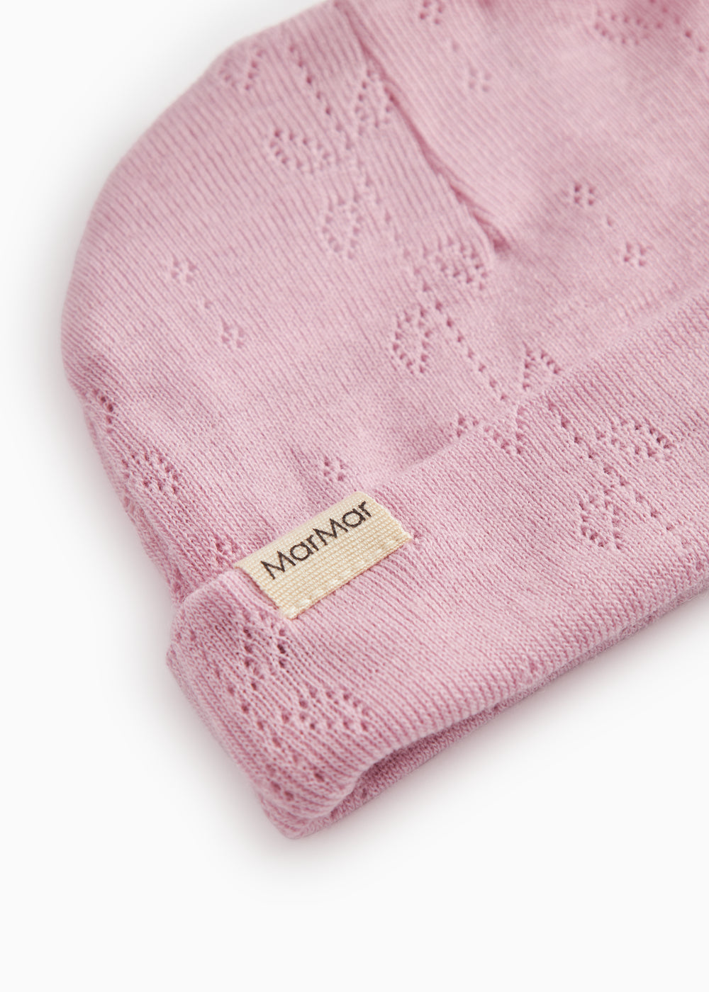 Pink striped hat with cuff and MaMMar brand on the front