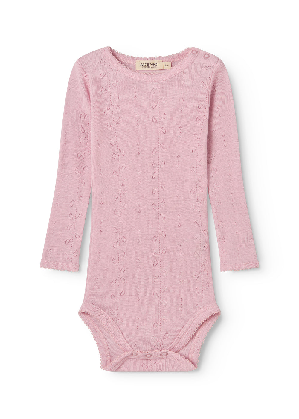 Benedikte bodystocking with long sleeves in pink and patterned fabric with snap buttons