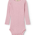 Benedikte bodystocking with long sleeves in pink and patterned fabric with snap buttons
