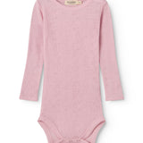 Benedikte bodystocking with long sleeves in pink and patterned fabric with snap buttons