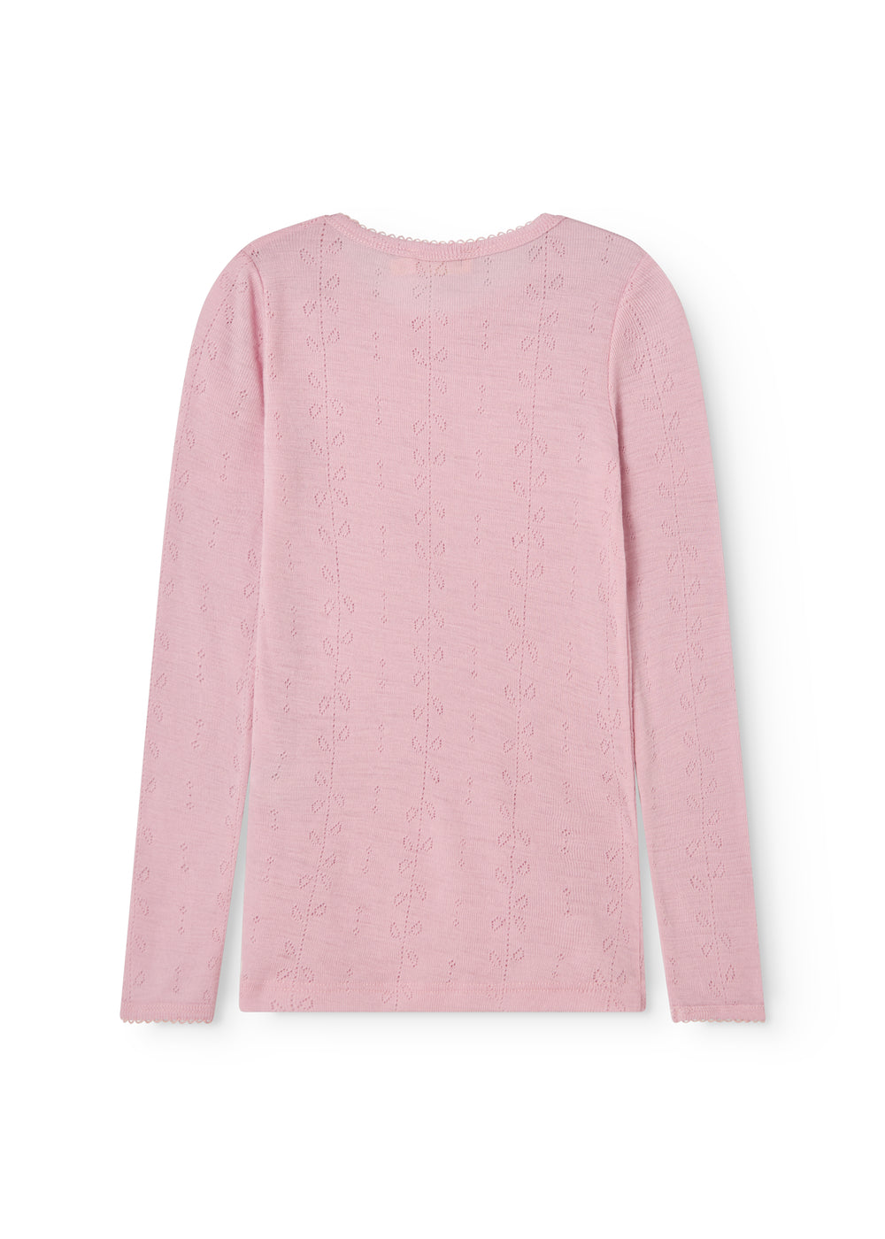 Pink t‑shirt in pink with long sleeves, round neck and a hole pattern on the back.