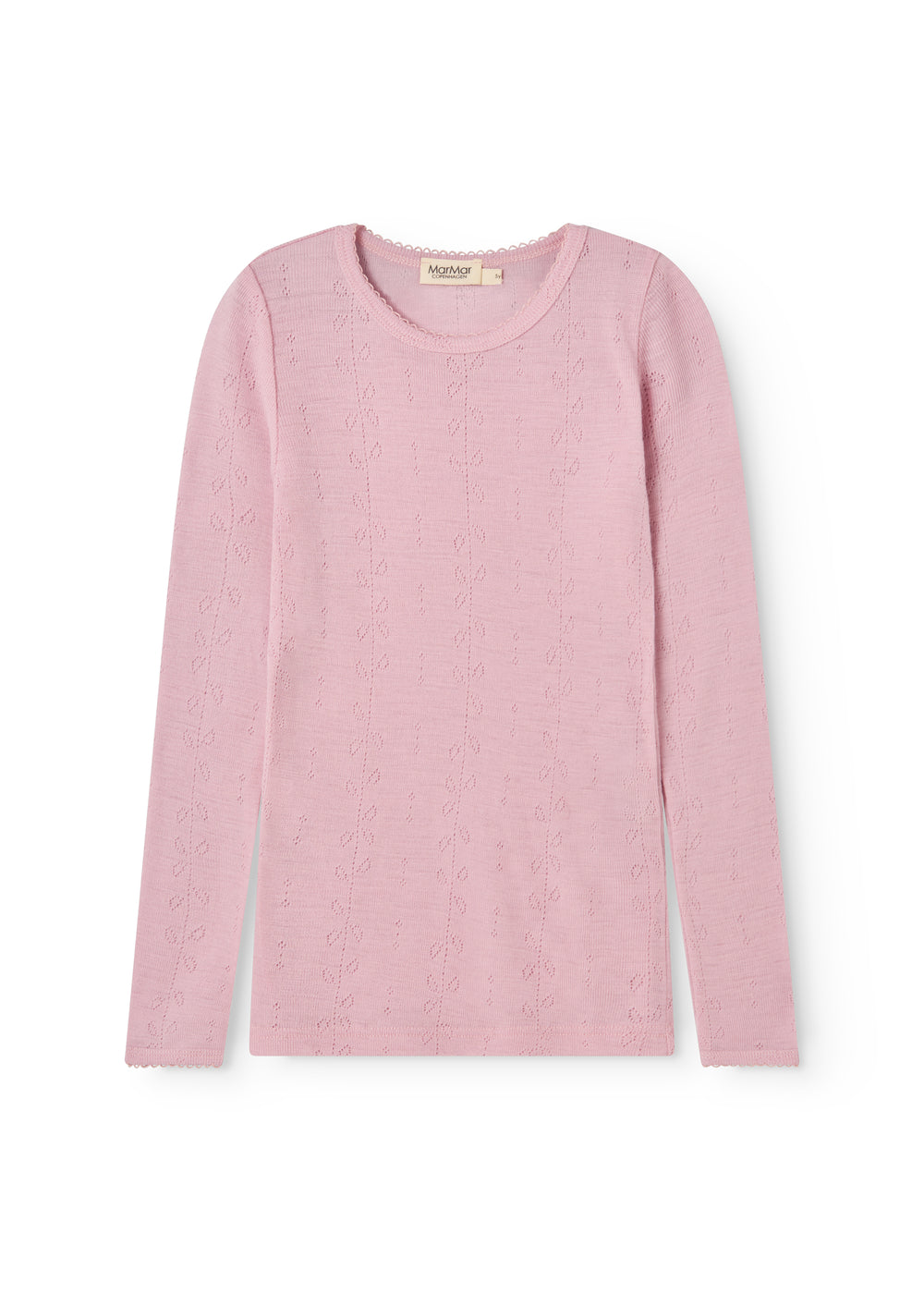 Tamra t‑shirt in pink with long sleeves, round neck and a hole pattern in front.