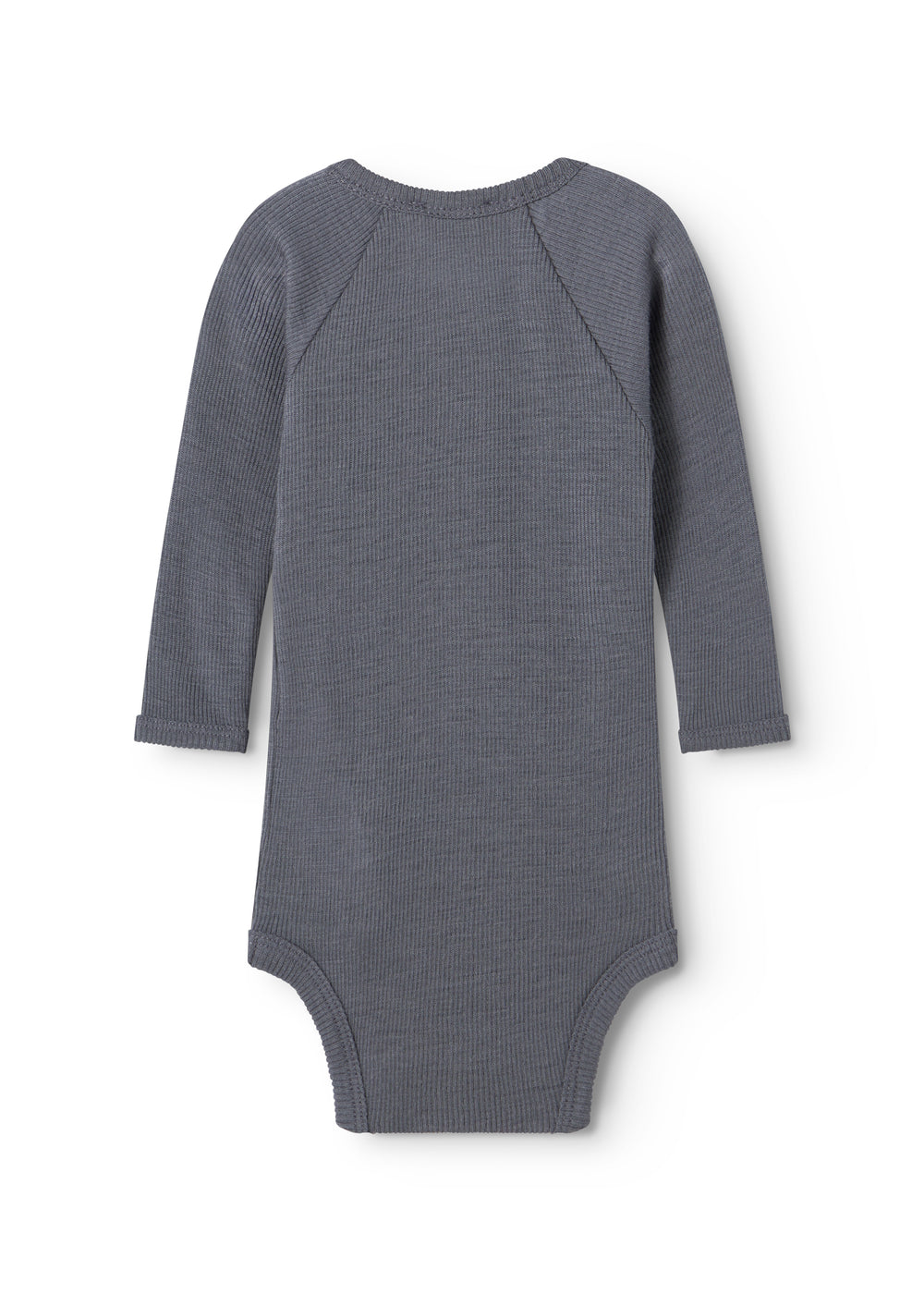 Sheer bodystocking in dark blue‑gray with long sleeves and a round neckline.