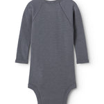 Sheer bodystocking in dark blue‑gray with long sleeves and a round neckline.