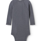 Sheer bodystocking in dark blue‑gray with long sleeves and a round neckline.