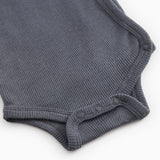 Dark blue-gray ribbed bodystocking with snap buttons in the crotch.