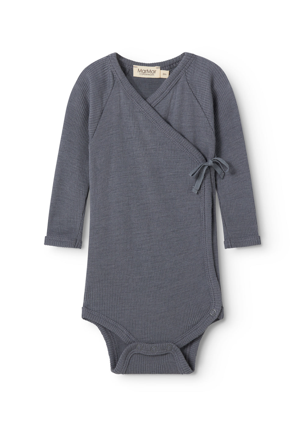 Sheer bodystocking in dark blue‑gray with long sleeves and a tie‑up at the neck.