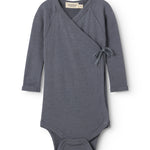 Sheer bodystocking in dark blue‑gray with long sleeves and a tie‑up at the neck.