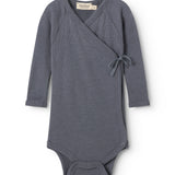 Sheer bodystocking in dark blue‑gray with long sleeves and a tie‑up at the neck.
