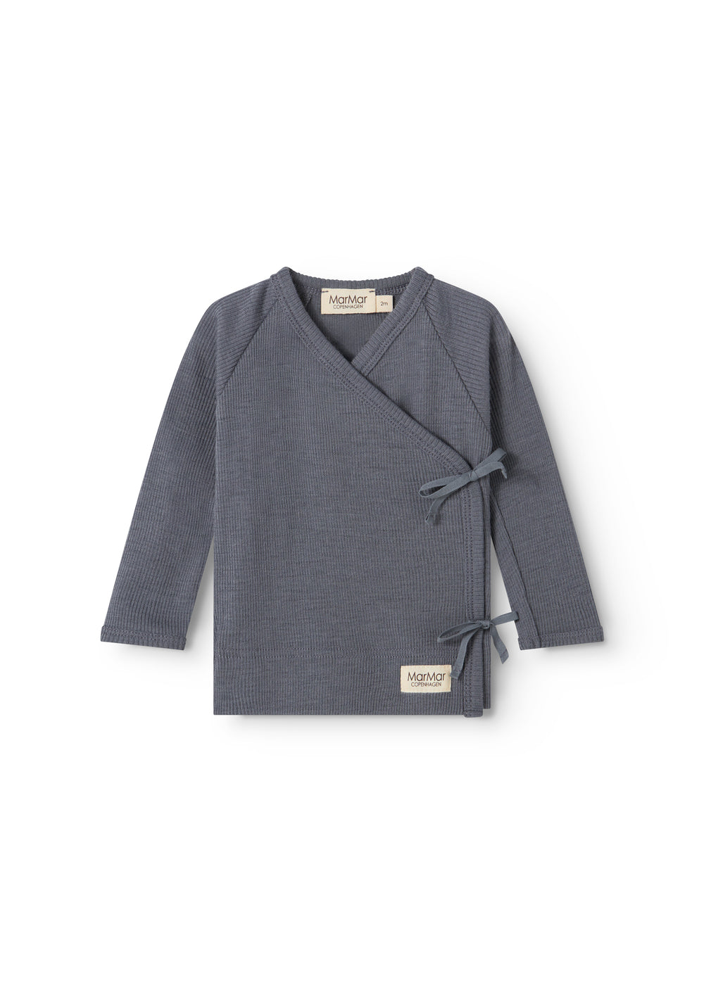 Dark gray cover blouse with long sleeves and a tie at the neck; marMar brand