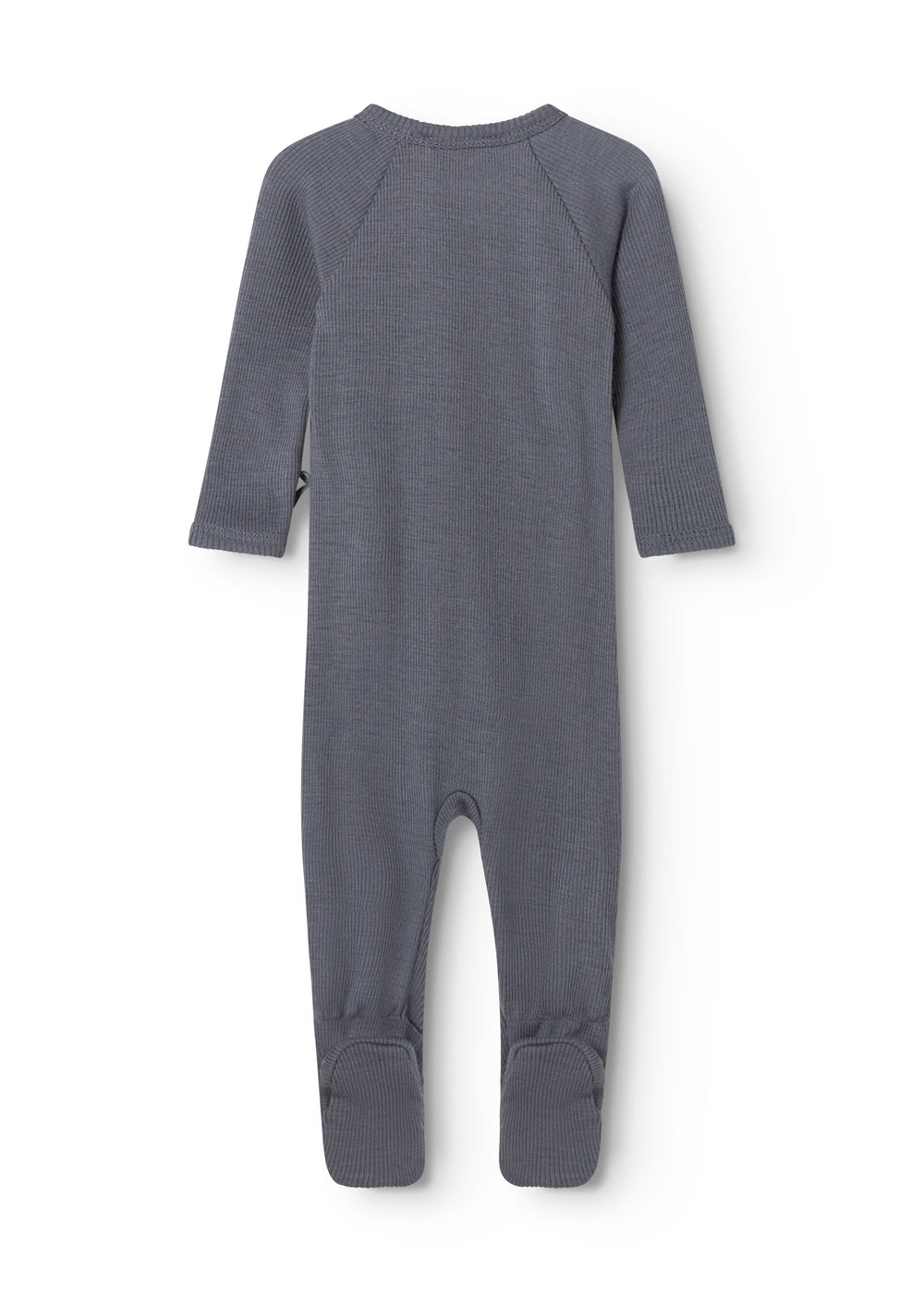 Dark gray baby jumpsuit with long raglan sleeves and ribbed cuffs at the ankles.
