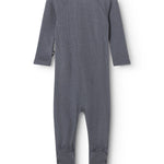 Dark gray baby jumpsuit with long raglan sleeves and ribbed cuffs at the ankles.