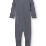 Dark gray baby jumpsuit with long raglan sleeves and ribbed cuffs at the ankles.