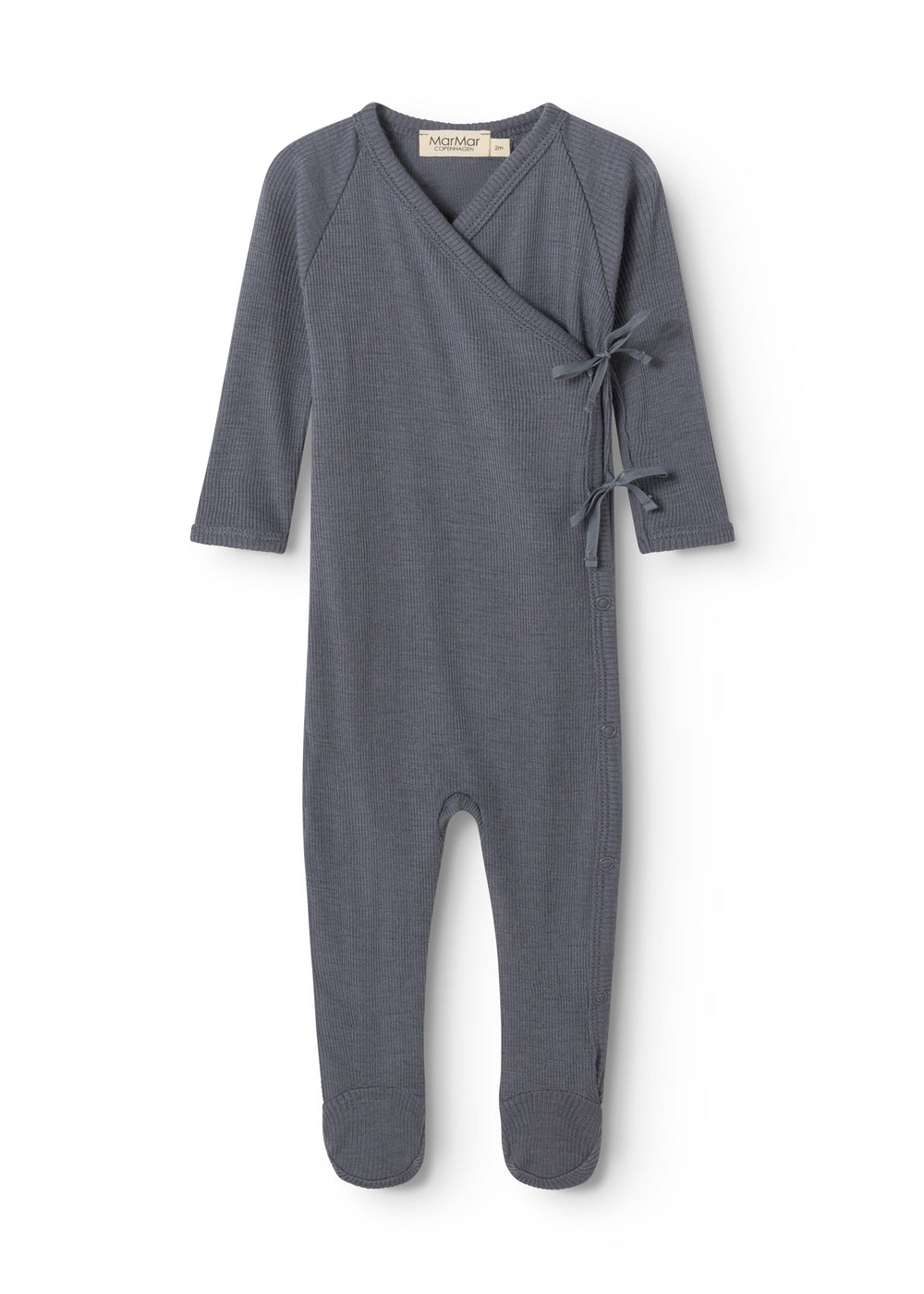 Gray baby jumpsuit with knot in front, long sleeves and feet with feet.
