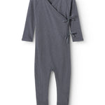 Gray baby jumpsuit with knot in front, long sleeves and feet with feet.