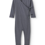 Gray baby jumpsuit with knot in front, long sleeves and feet with feet.
