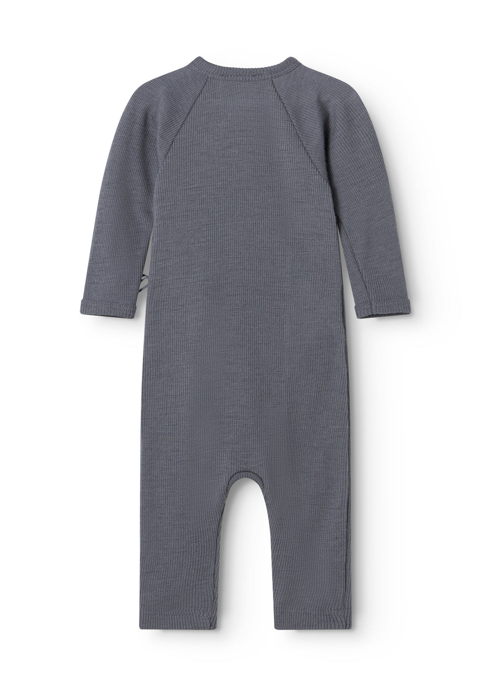 Raglan-sleeve dark gray jumpsuit with round neckline and leg piece.