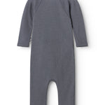 Raglan-sleeve dark gray jumpsuit with round neckline and leg piece.