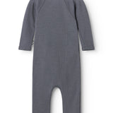 Raglan-sleeve dark gray jumpsuit with round neckline and leg piece.