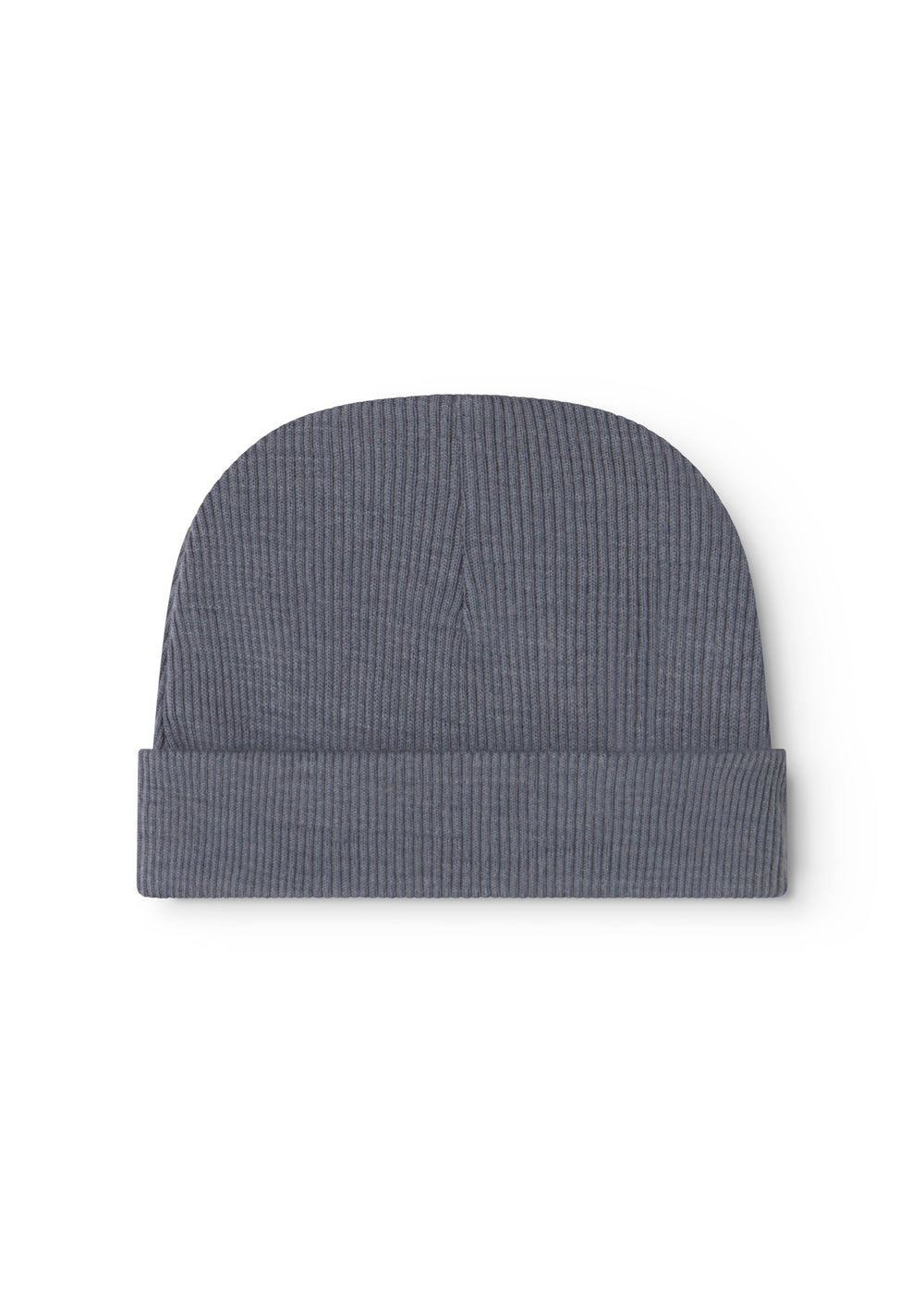 Dark gray ribbed baby hat with pom-pom and central fold.