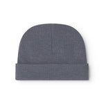 Dark gray ribbed baby hat with pom-pom and central fold.