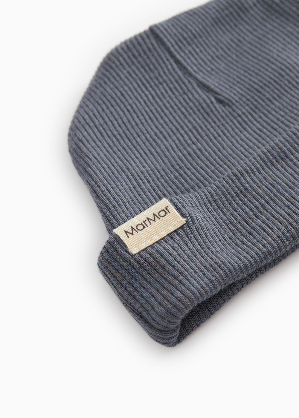 Dark gray ribbed baby hat with MarMar label in the front.