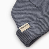 Dark gray ribbed baby hat with MarMar label in the front.