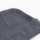 Close-up of a dark gray ribbed baby hat with a tight striped texture.
