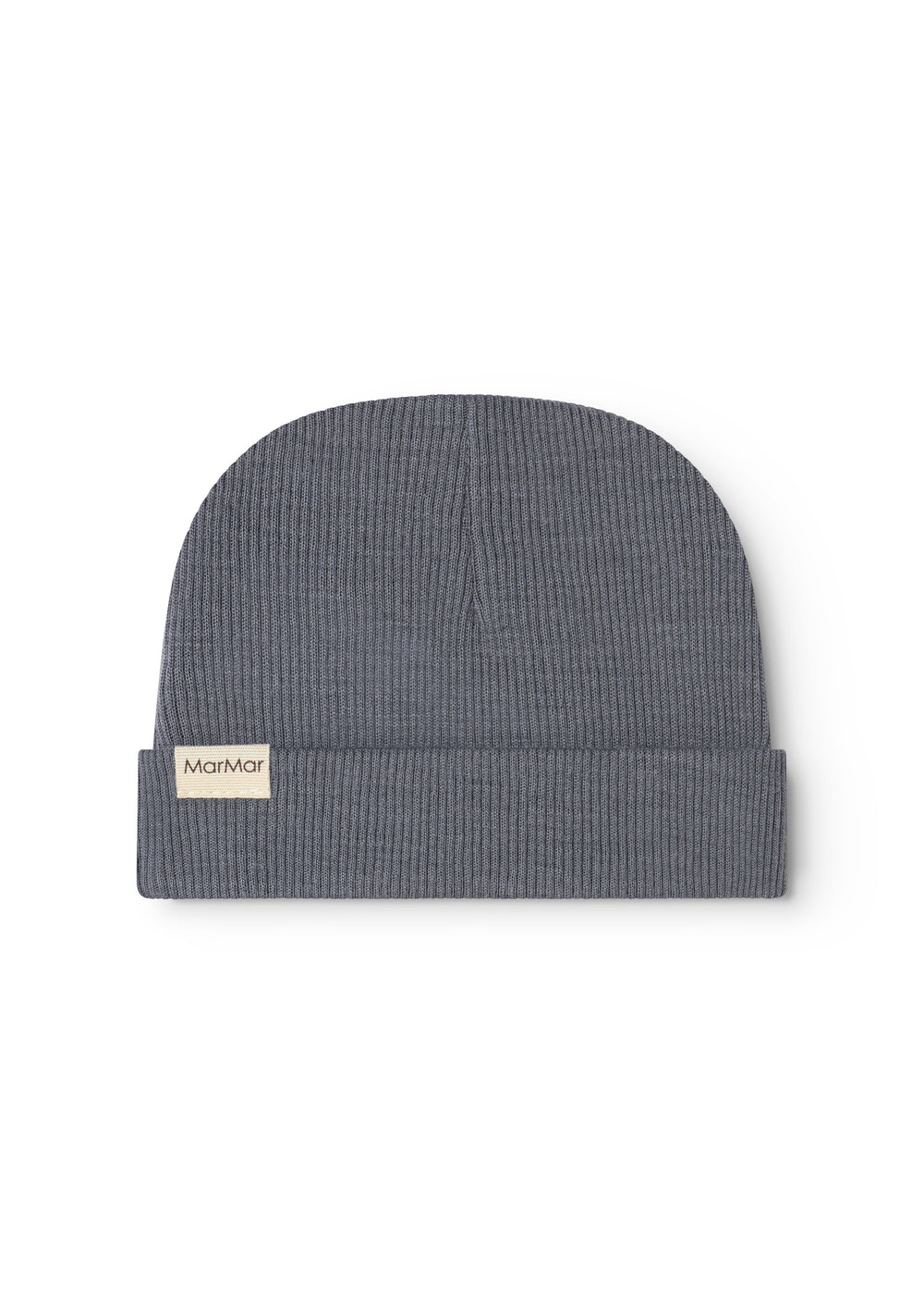 Dark gray ribbed baby hat with MarMar logo on the cover.