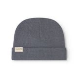 Dark gray ribbed baby hat with MarMar logo on the cover.