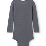 Sheer bodystocking with long sleeves and full back, snap-button closure at the bottom.