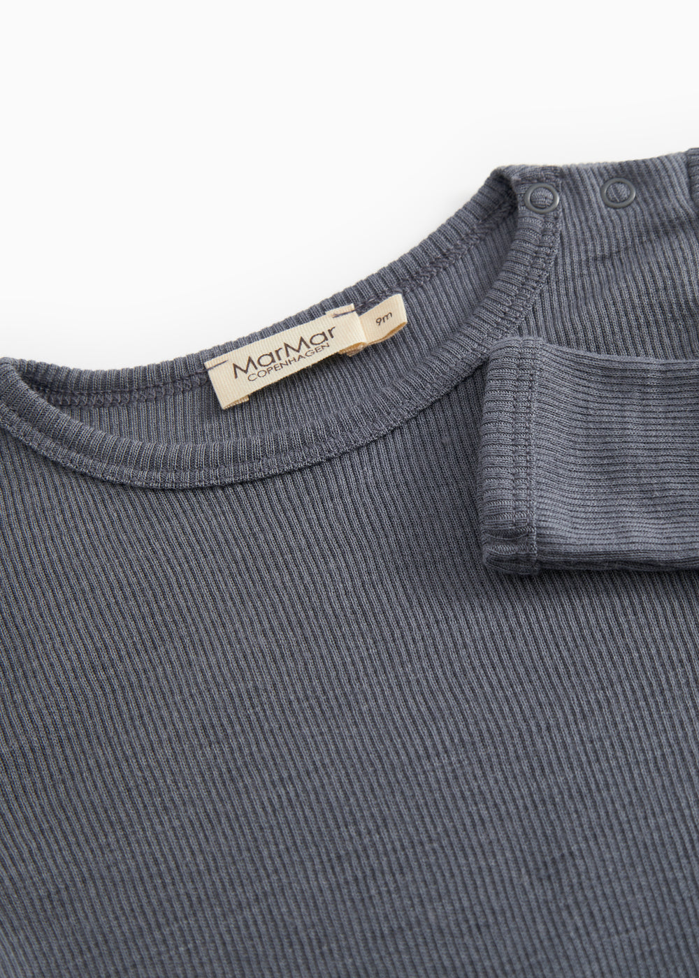 Gray rib-knit bodystocking with round neck and MarMar brand.