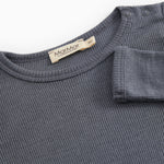 Gray rib-knit bodystocking with round neck and MarMar brand.