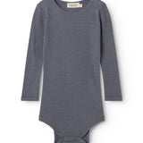 Gray bodystocking with long sleeves and snap button closure at the bottom