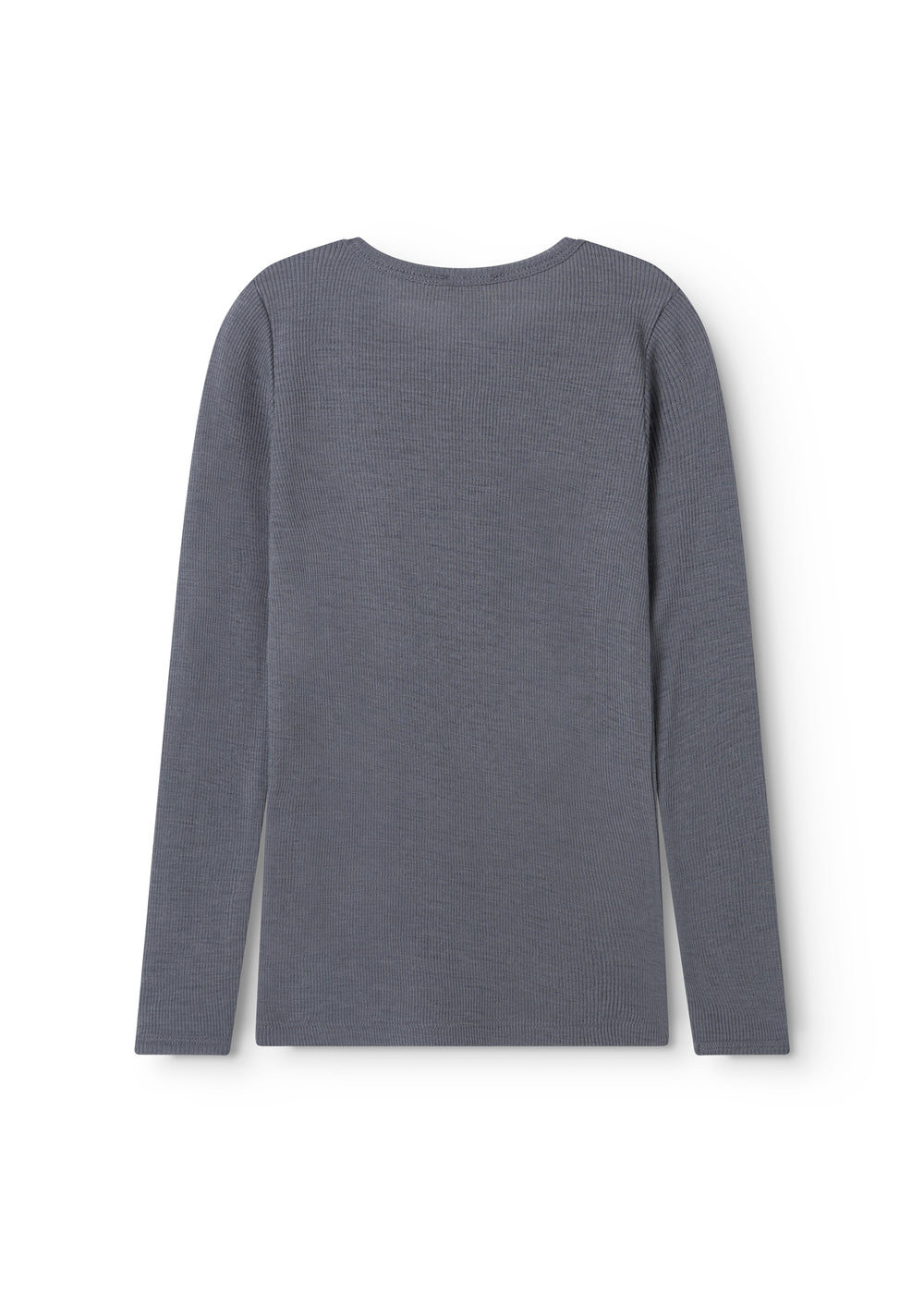 Long-sleeve t-shirt in dark gray with crew neck, viewed from behind.